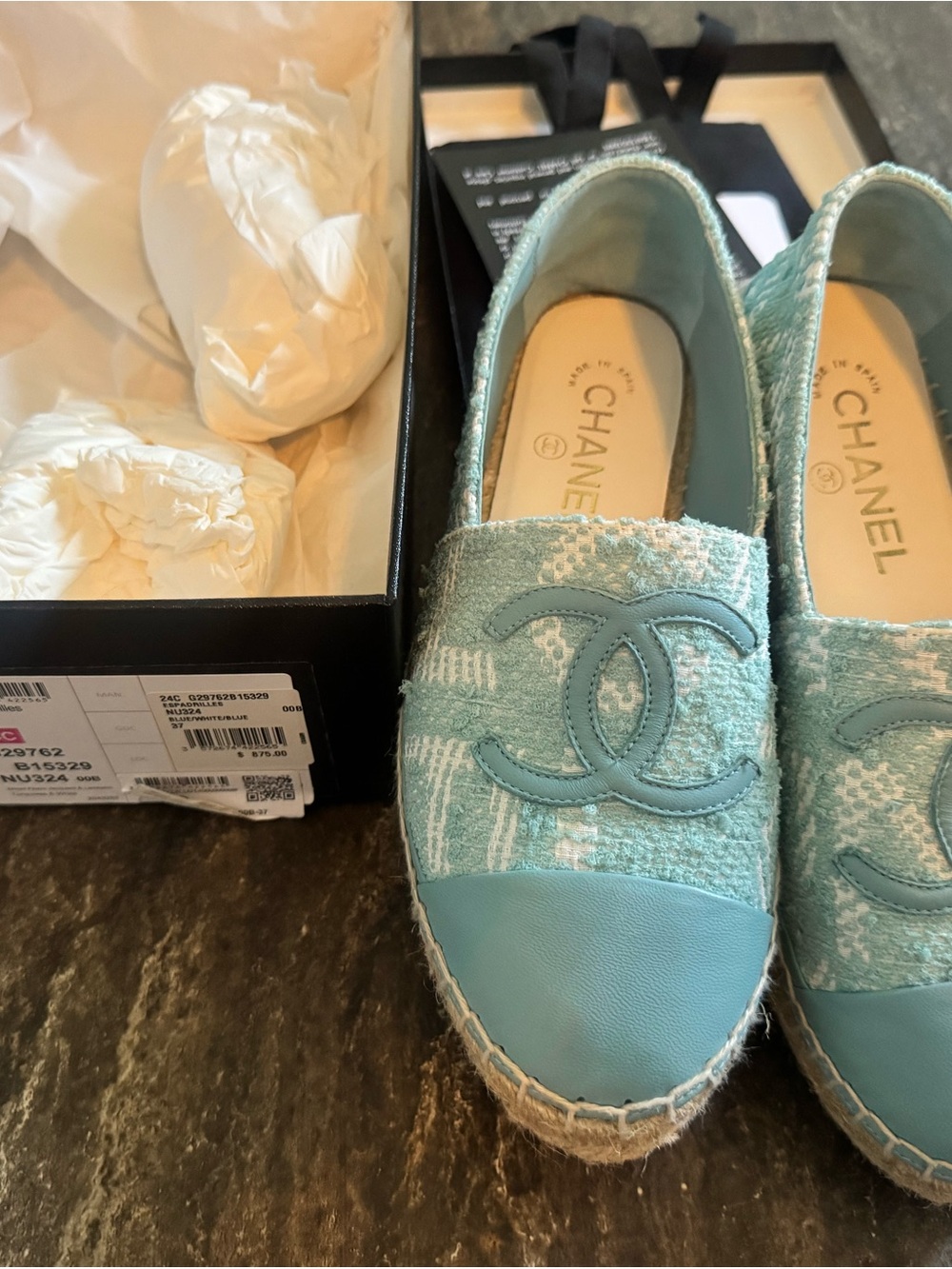 CHANEL Light Blue Tweed & Leather Espadrilles- with box & receipt!